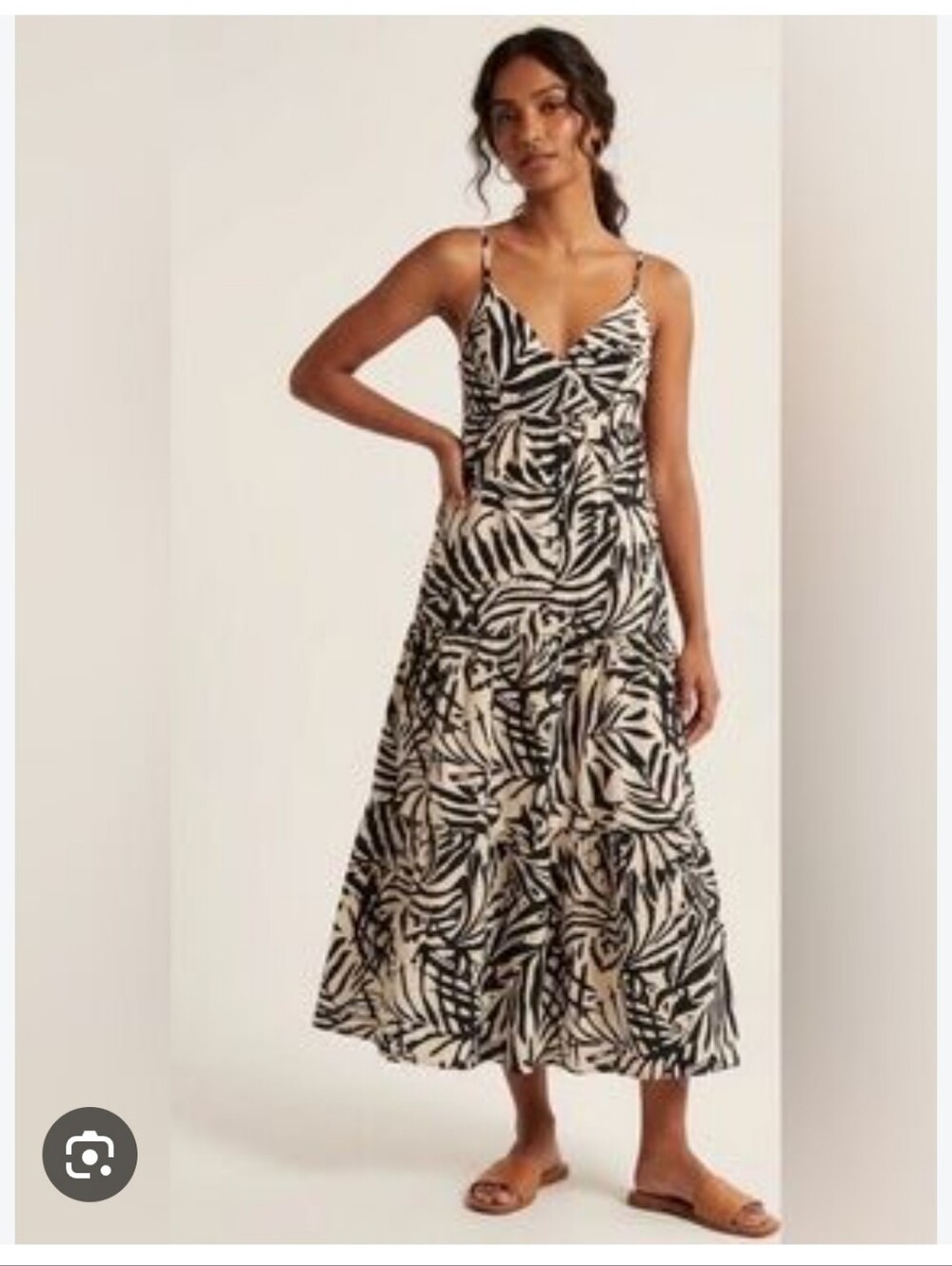 Patrons of Peace Black & Cream Botanical Tiered Midi Dress Size M